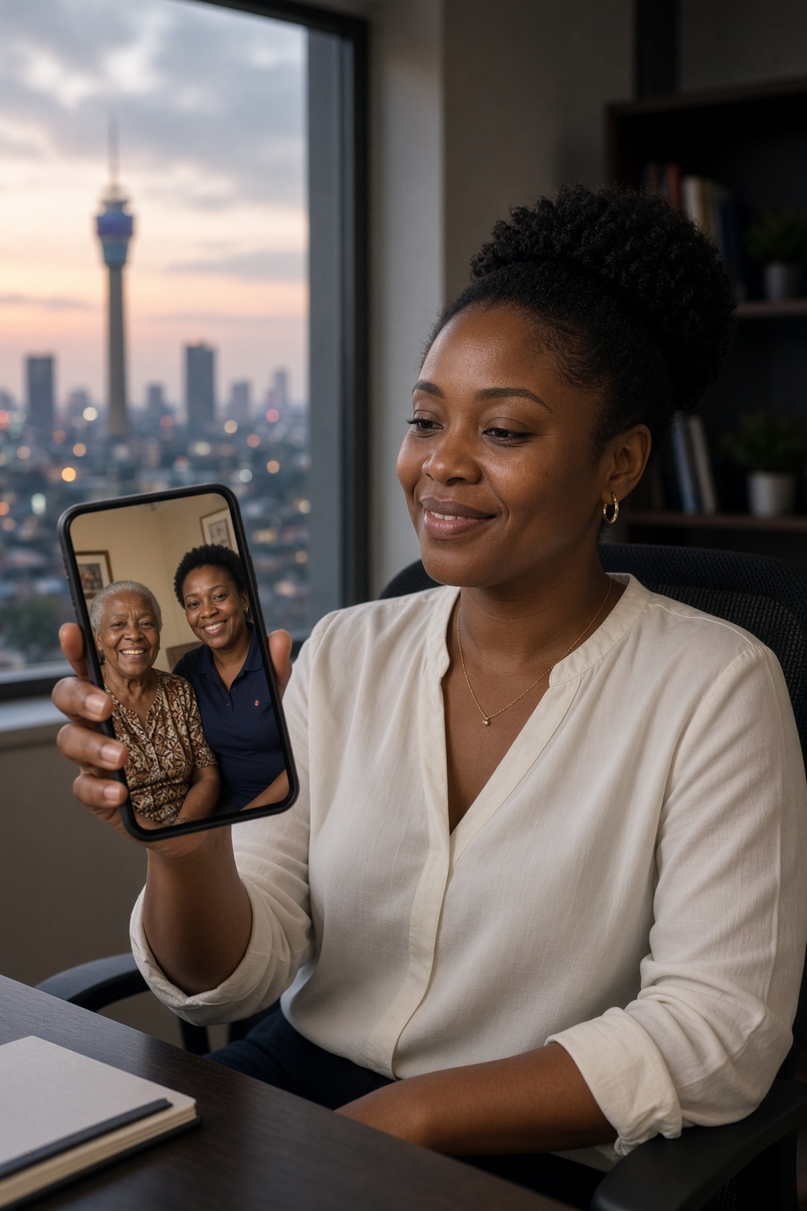 A daughter in Johannesburg on a video call, seeing her mother is with someone.