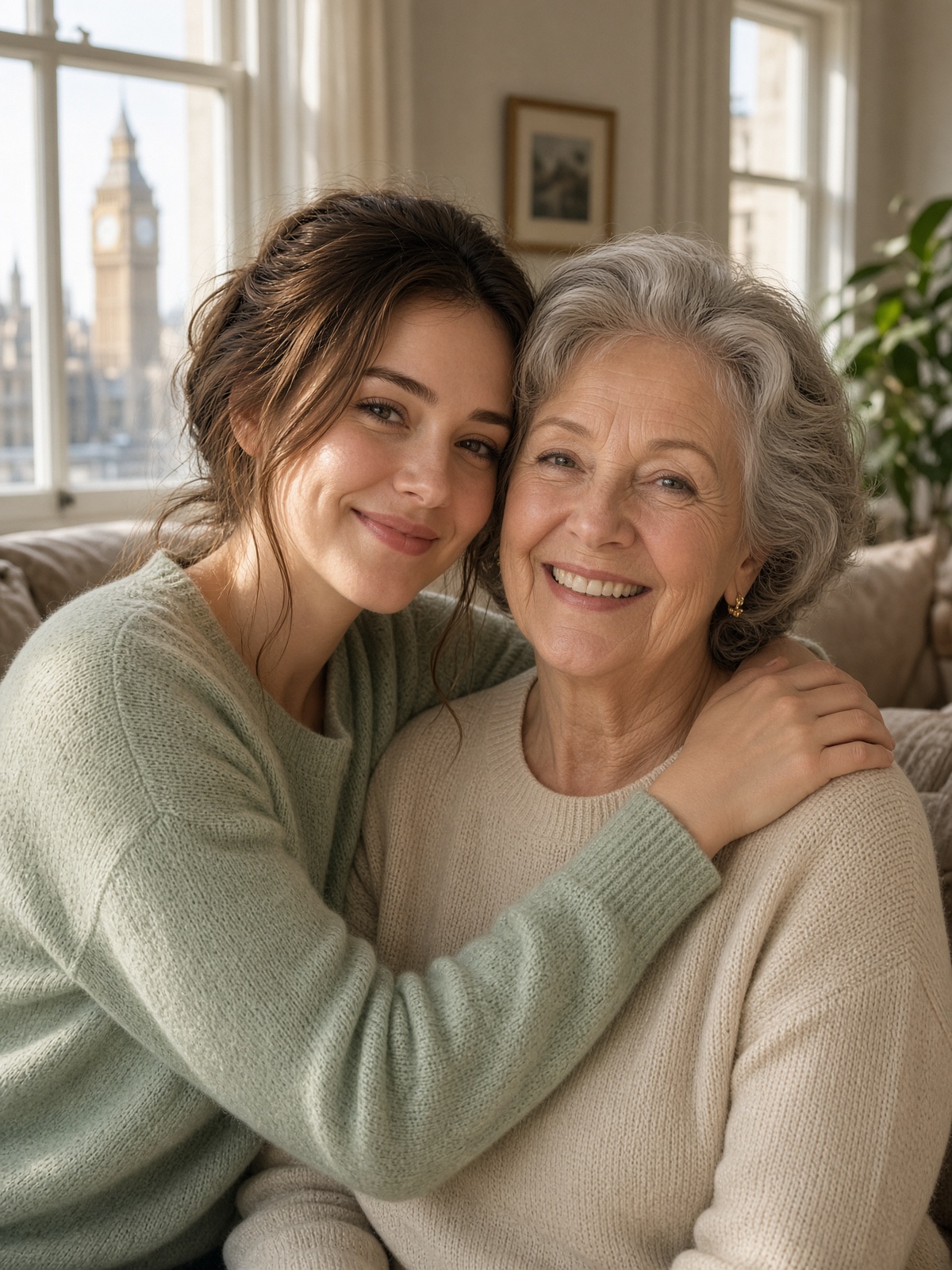 A daughter and her mother together in a London home.