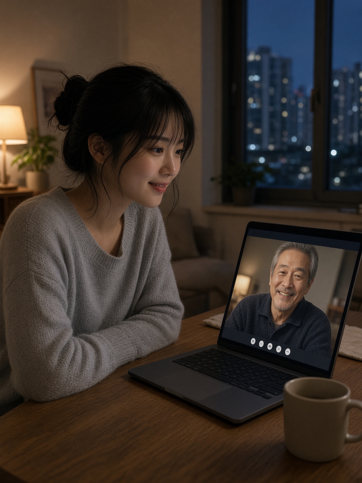 A daughter on a video call with her father.