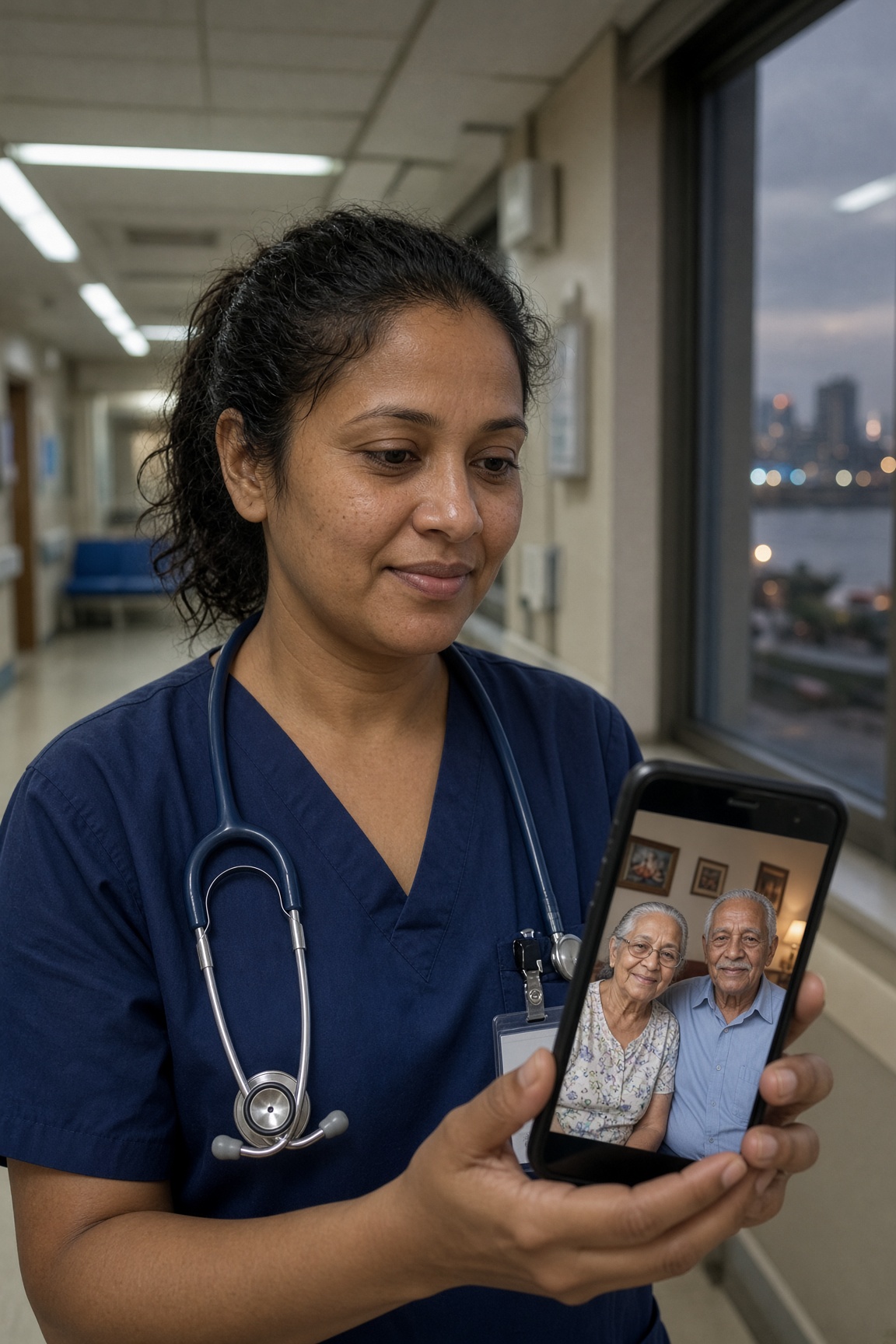 An Indian South African nurse on shift, looking at a photo of her parents.