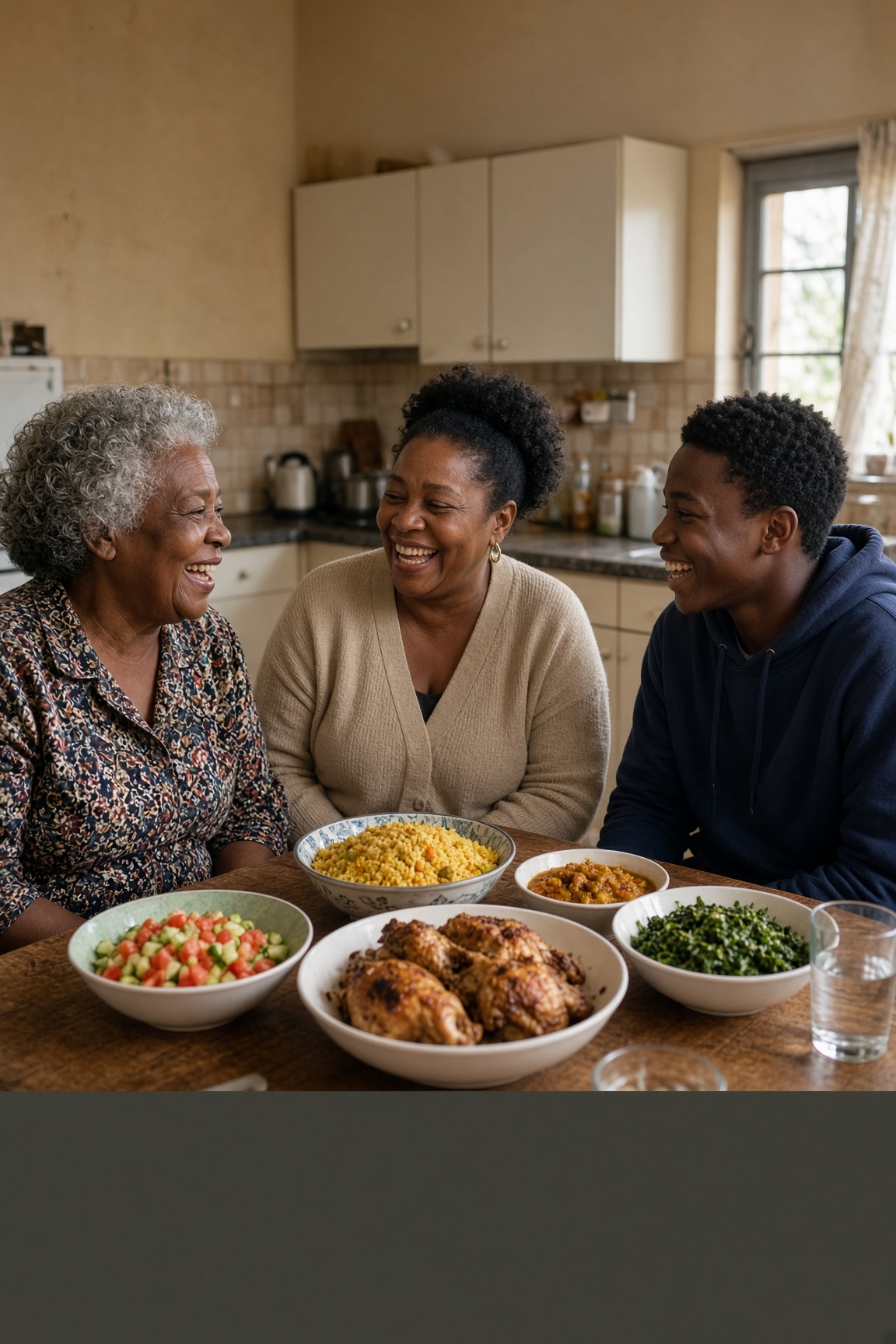 Illustrative photograph of a multi-generational family sharing a meal at home.