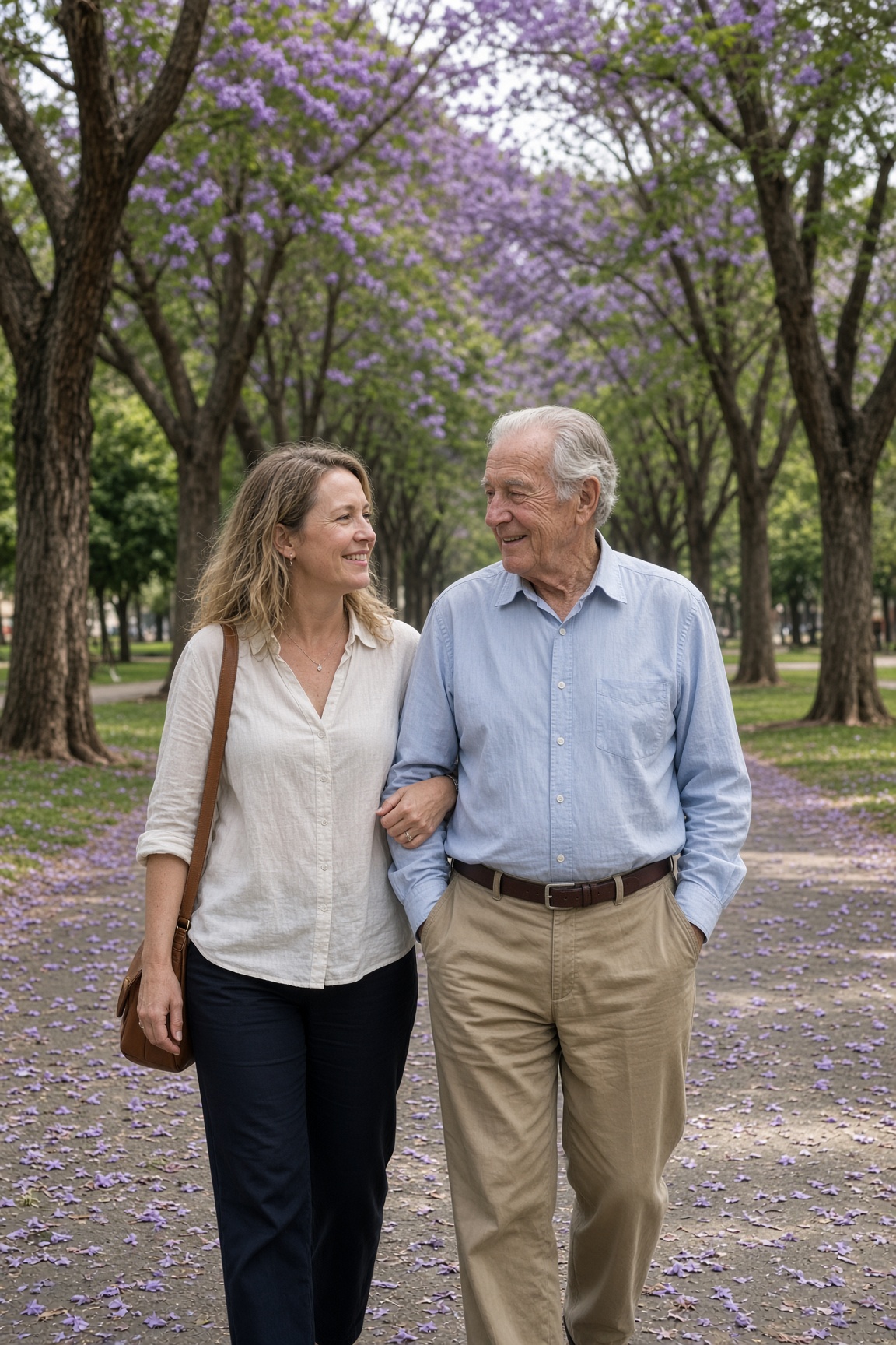 A daughter walking with her father under the jacarandas in Johannesburg.